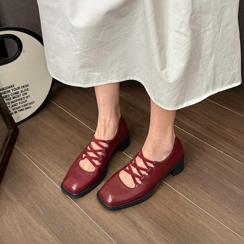 أحذية فردية ذات كعب عريض برباط عرضي بتصميم مربع للنساء، نمط ريترو، حجم كبير، ربيع 2025 - Image 1